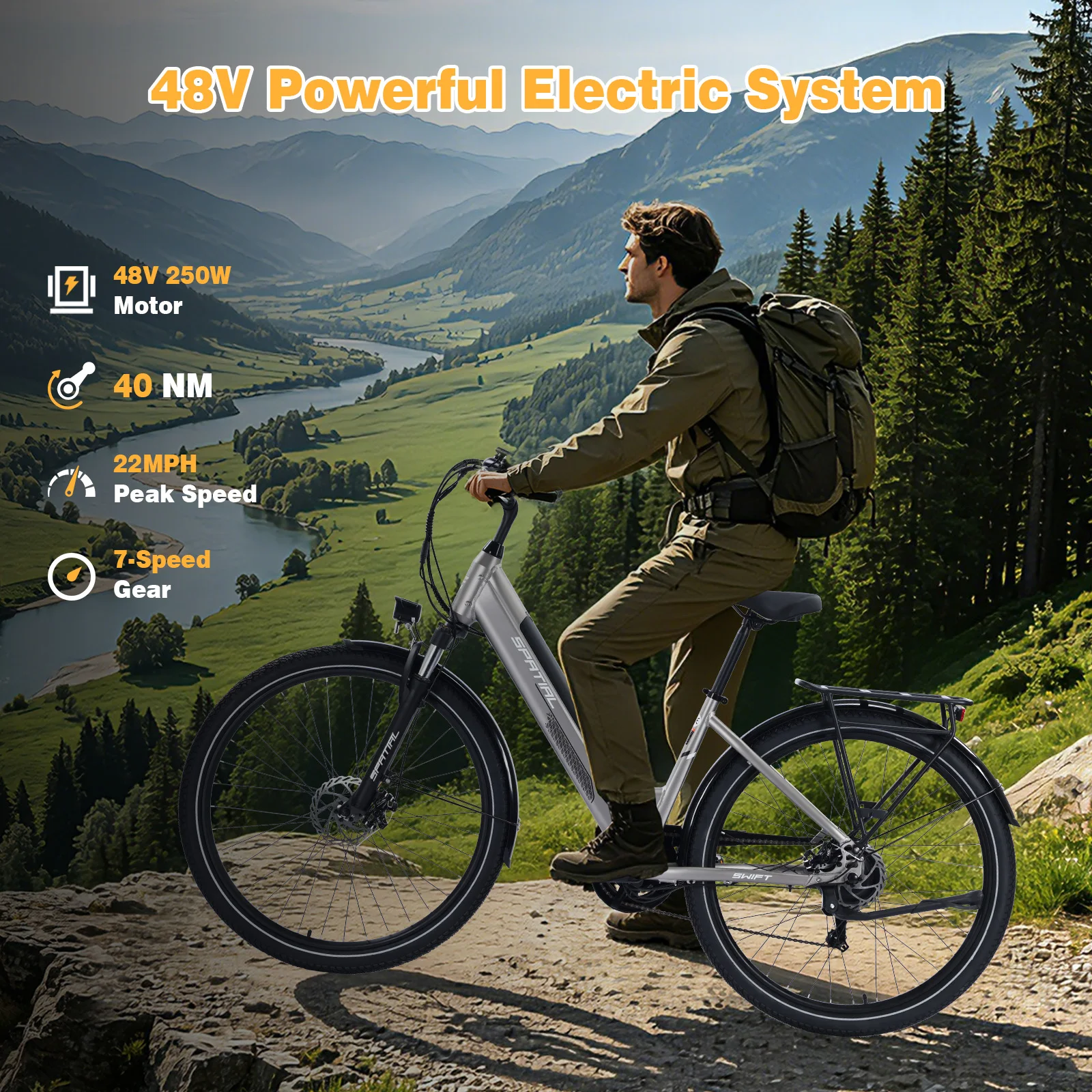Bicicleta eléctrica para adultos SPATIAL SWIFT, batería de 48 V y 12 Ah, neumáticos de 29 pulgadas, bicicleta eléctrica urbana con cuadro bajo para facilitar el montaje, horquilla con suspensión, par de torsión de 40 Nm.