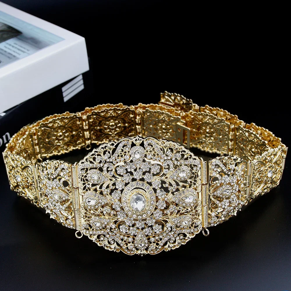 Sunspicems Brede Marokko Riem Voor Vrouwen Caftan Jurk Taille Ketting Goud Kleur Arabische Bruiloft Lichaam Sieraden Kristallen Riem Bruidscadeau - afbeelding 2