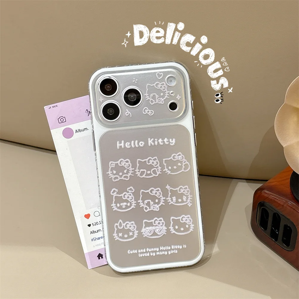 INS Korea Cute HelloKitty Silver Nine Grid Lines Suitable for iPhone 17 Pro 15 16 Pro Max Anti Fall Full Pack KT Cat