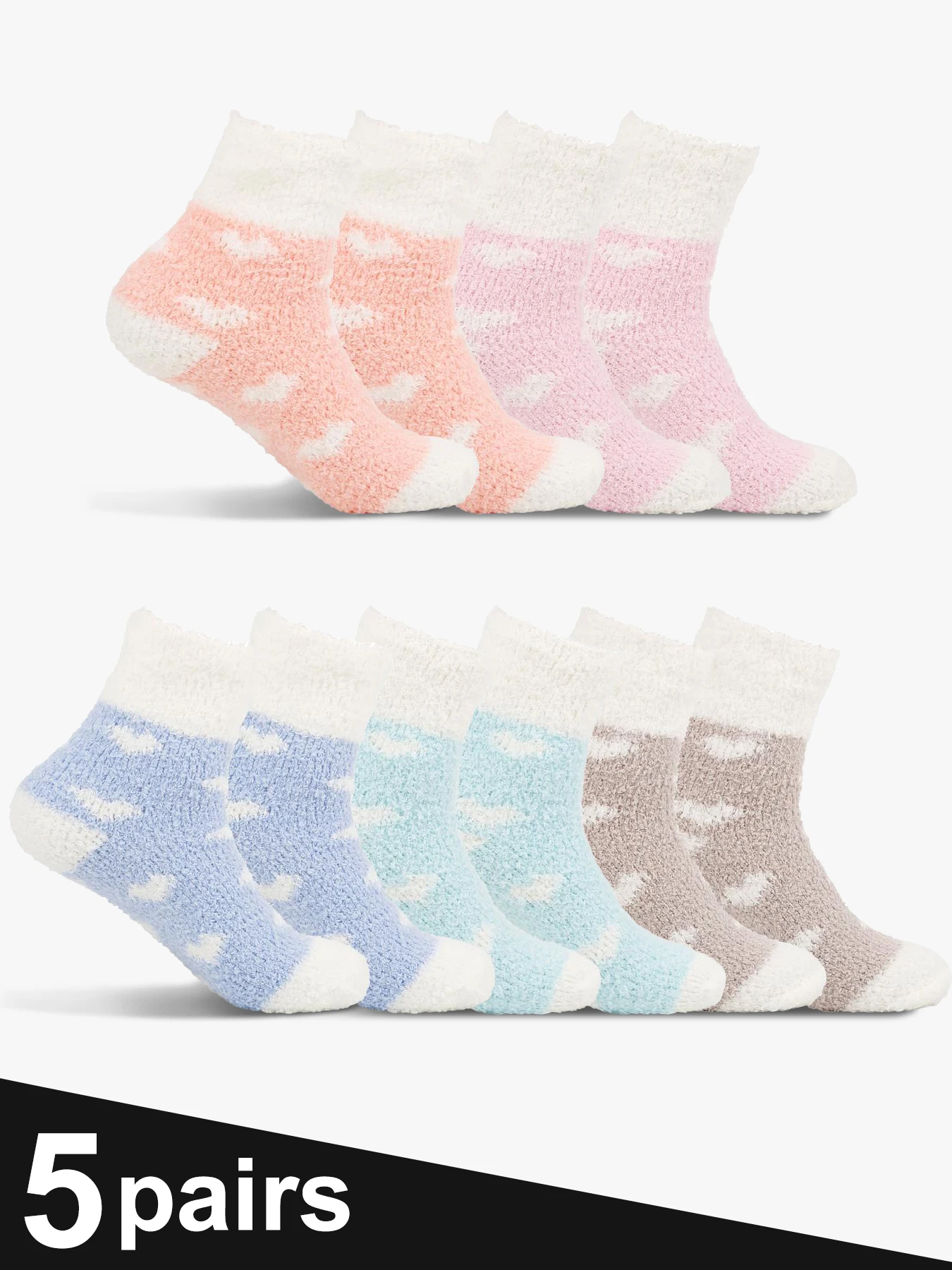 

5 Pairs Fleece-Lined Heart Socks Set - Soft Multi-Color Pink Blue Purple Gray Love Embroidery Durable Cuff Cozy Winter Home Wear
