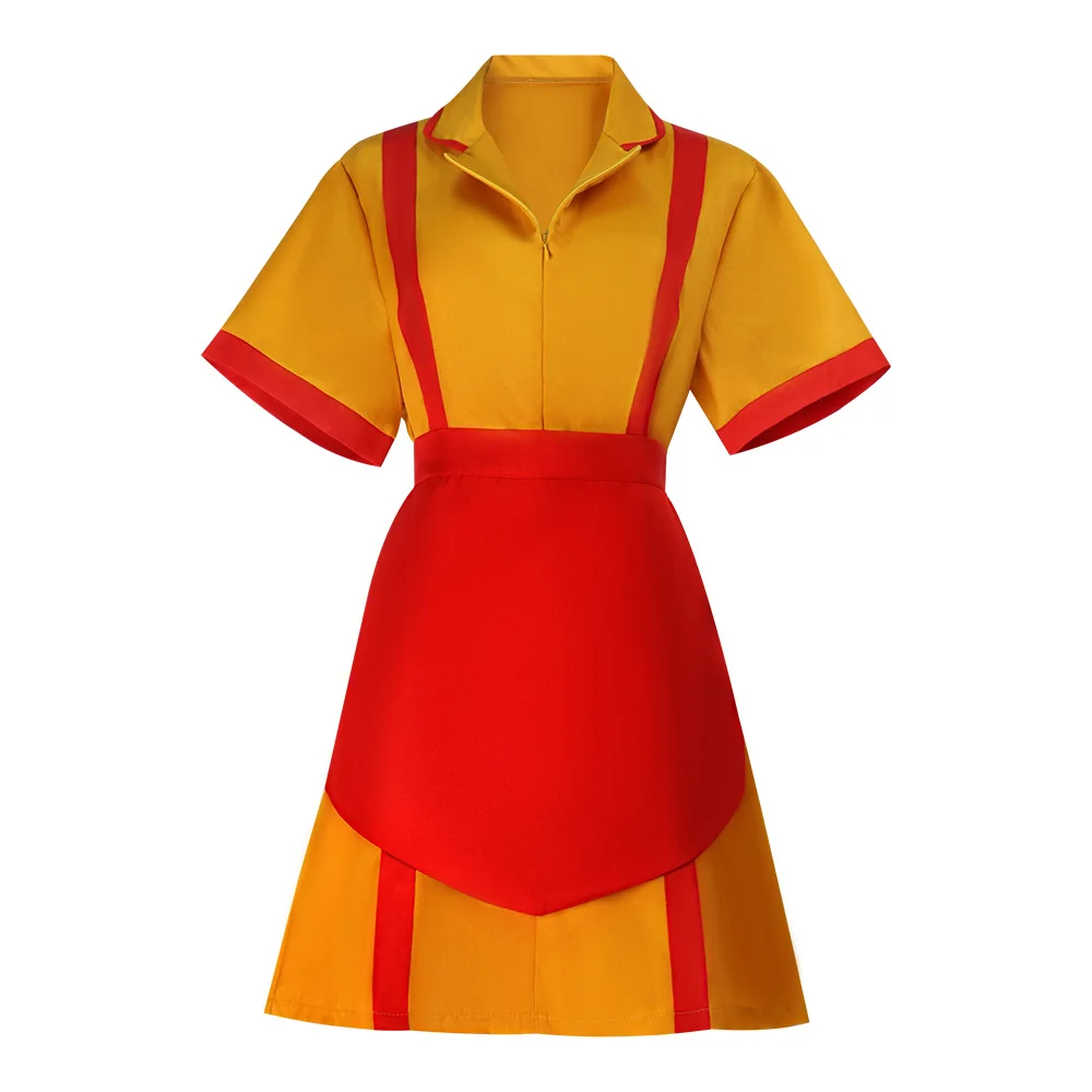 2 Broke Girls Max Cosplay Costume Caroline Waitress Uniform With Apron Yellow Maid Uniform Halloween Party Dress Outfit