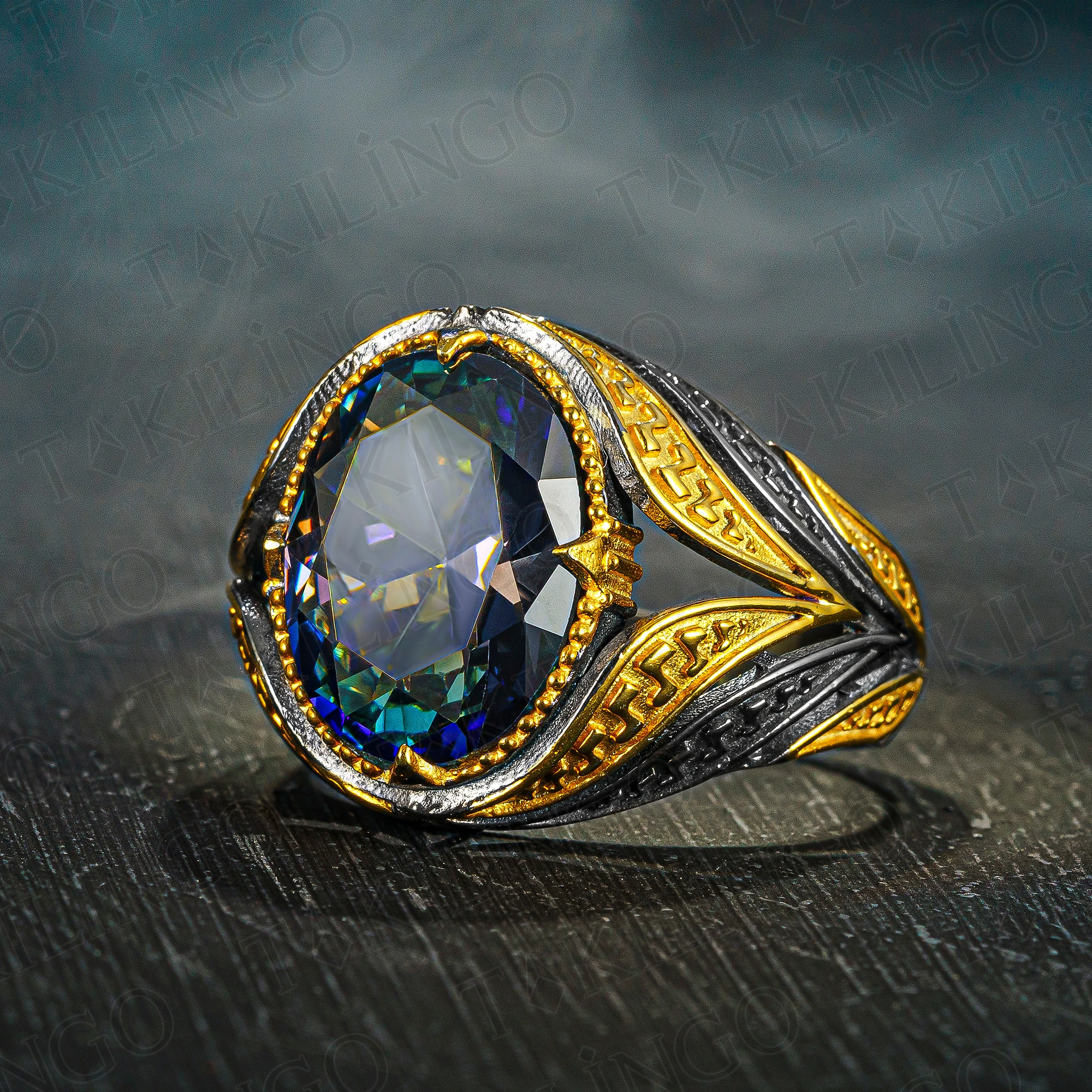 

Gold-Plated Stamped Solid 925 Sterling Silver Black Rhodium Plated Blue Topaz Stone Men's Ring High Quality Jewelery Gift Him