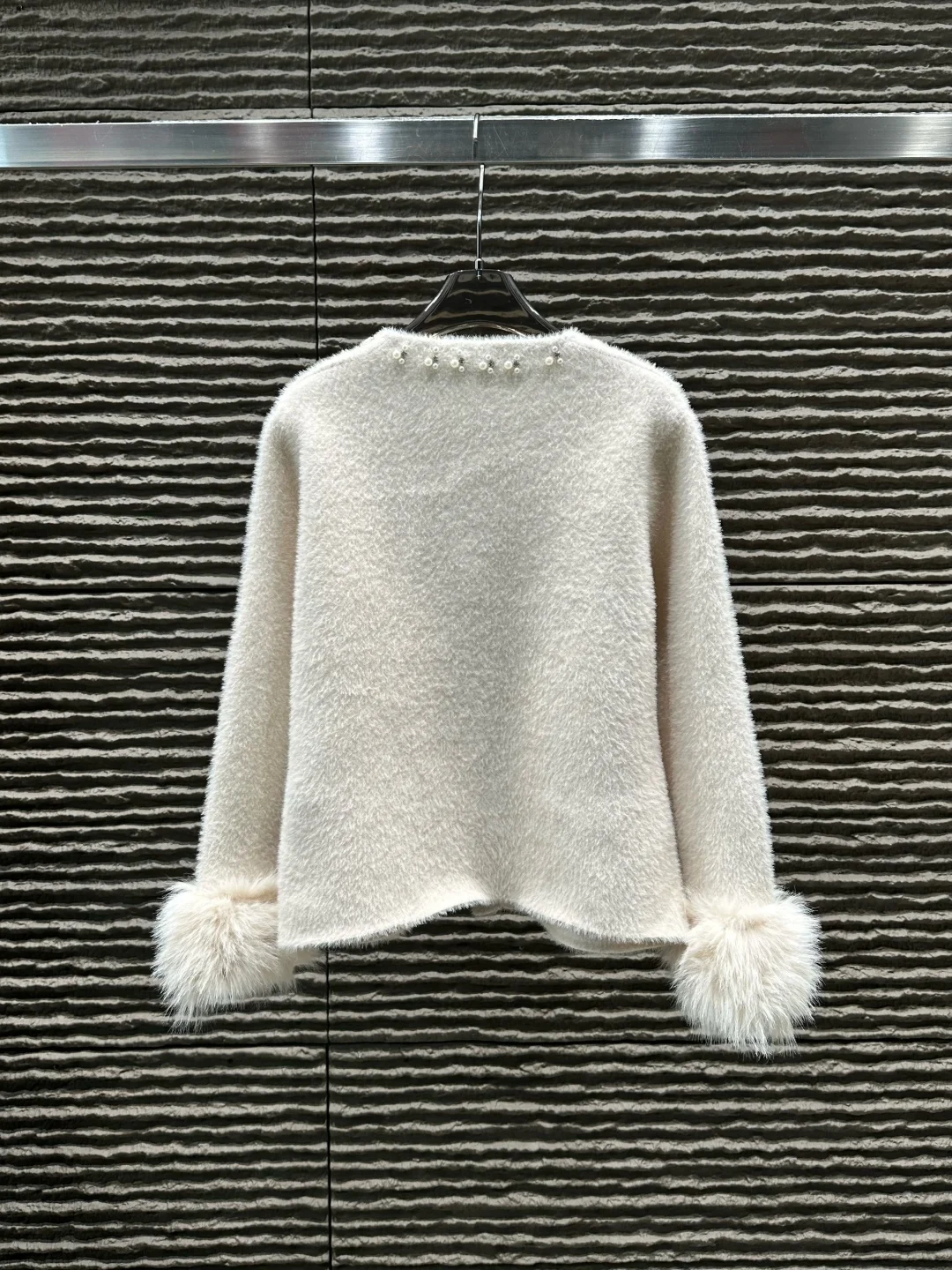 

Women's Ivory Fluffy Cardigan with Pearl Embellishments, Chic & Cozy Piece for Elegant Looks