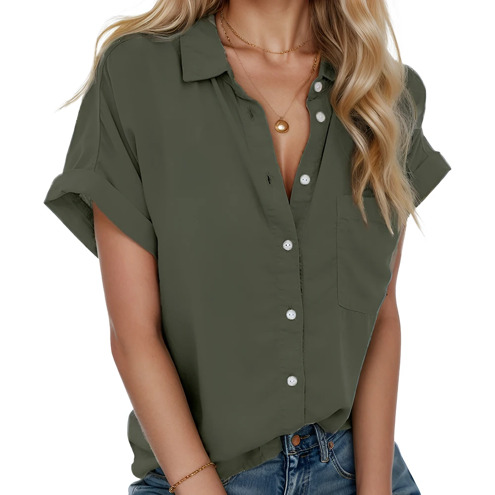 

Womens Short Sleeve Shirts V Neck Collared Button Down Shirt Tops with Pockets