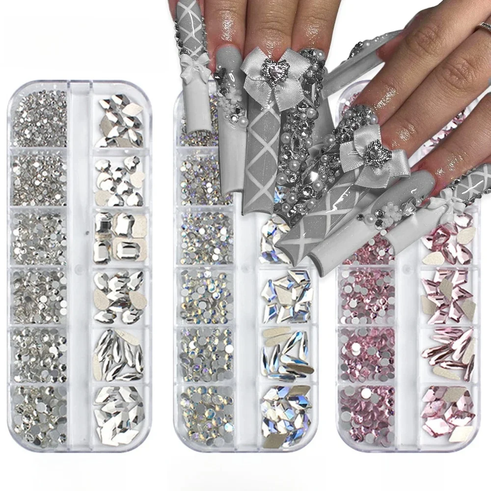 Mini strass en verre 3D blanc, 12 grilles, cristaux pour Nail Art, paillettes AB, décorations pour ongles, gemmes en diamant, accessoires de manucure, SS4-SS16