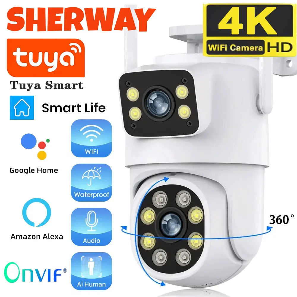 4K 8MP Tuya Dual Lens WIFI Camera PTZ Outdoor Dual Screen Ai Human Auto Tracking Security Camera Surveillance with Alexa Google