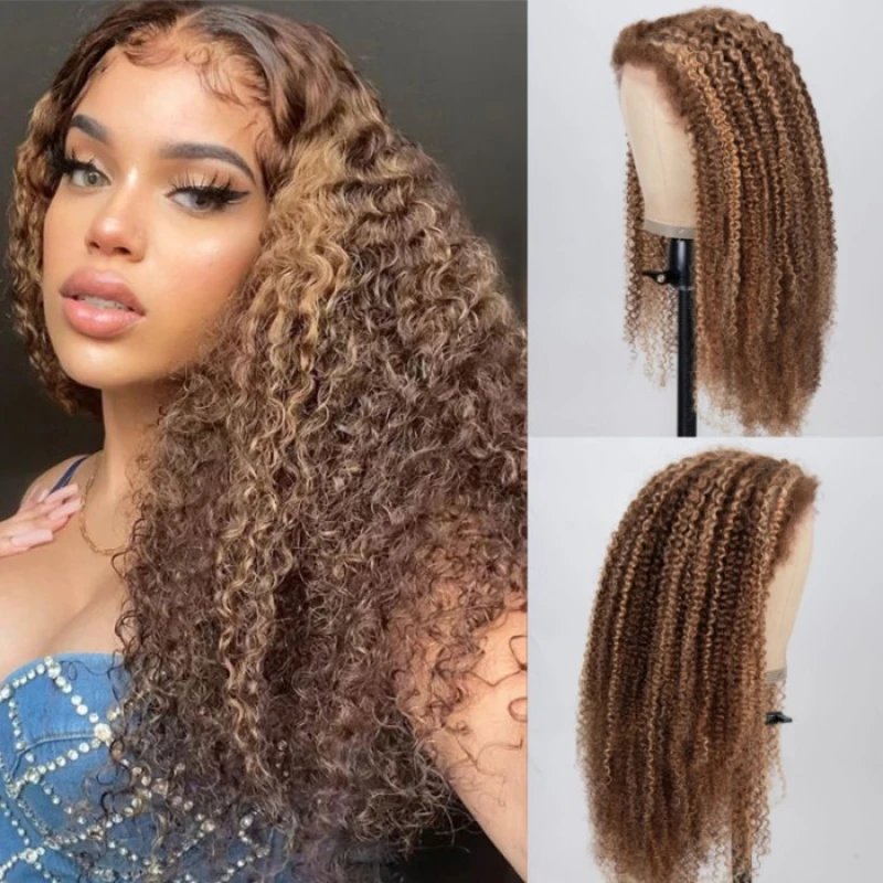 Clearance 13x4 Pre Cut Lace Frontal Highlighted Honey Blonde Kinky Curly Wig 180 Density Pre Plucked Hairline With Baby Hairs