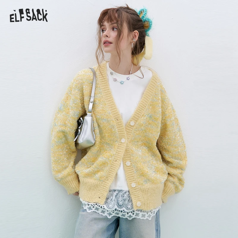 

ELFSACK 2025 Spring New Arrivals Sweet and cute V-neck knitted cardigan for women Korean style sweater