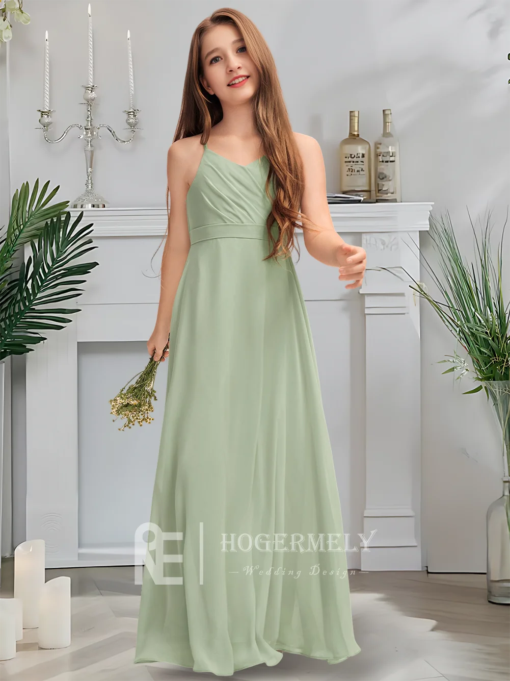 C キッズ 子供用 Vネック ジュニア ブライズメイドドレス セージグリーン フラワーガールドレス フロア丈 シフォン カスケードプリーツレイヤー付き