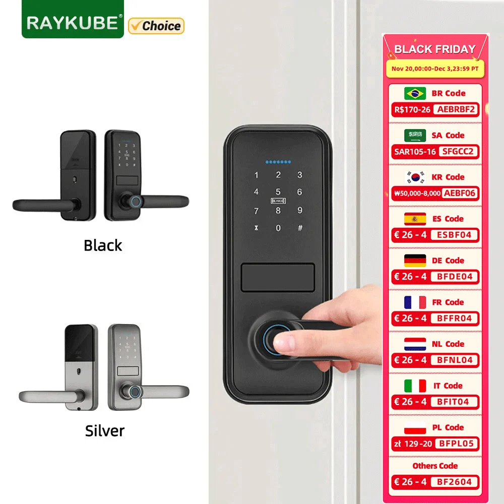 RAYKUBE P13 Tuya BLE Smart Biometric Fingerprint Door Lock Electronic Door Lock Tuya App Set Fingerprint/ Password/ Card Unlock