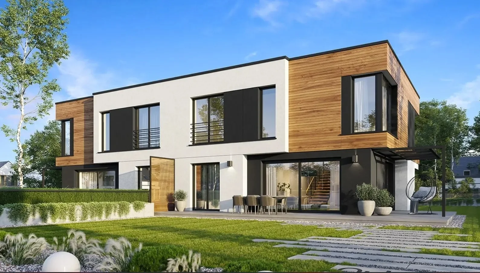 خطط مطبوعة للفيلا الحديثة التوأم |   4 غرف نوم 216 م2 تصميم علوي ومرآب |   كتيب مخطط المنزل DIY + قائمة المواد المجانية