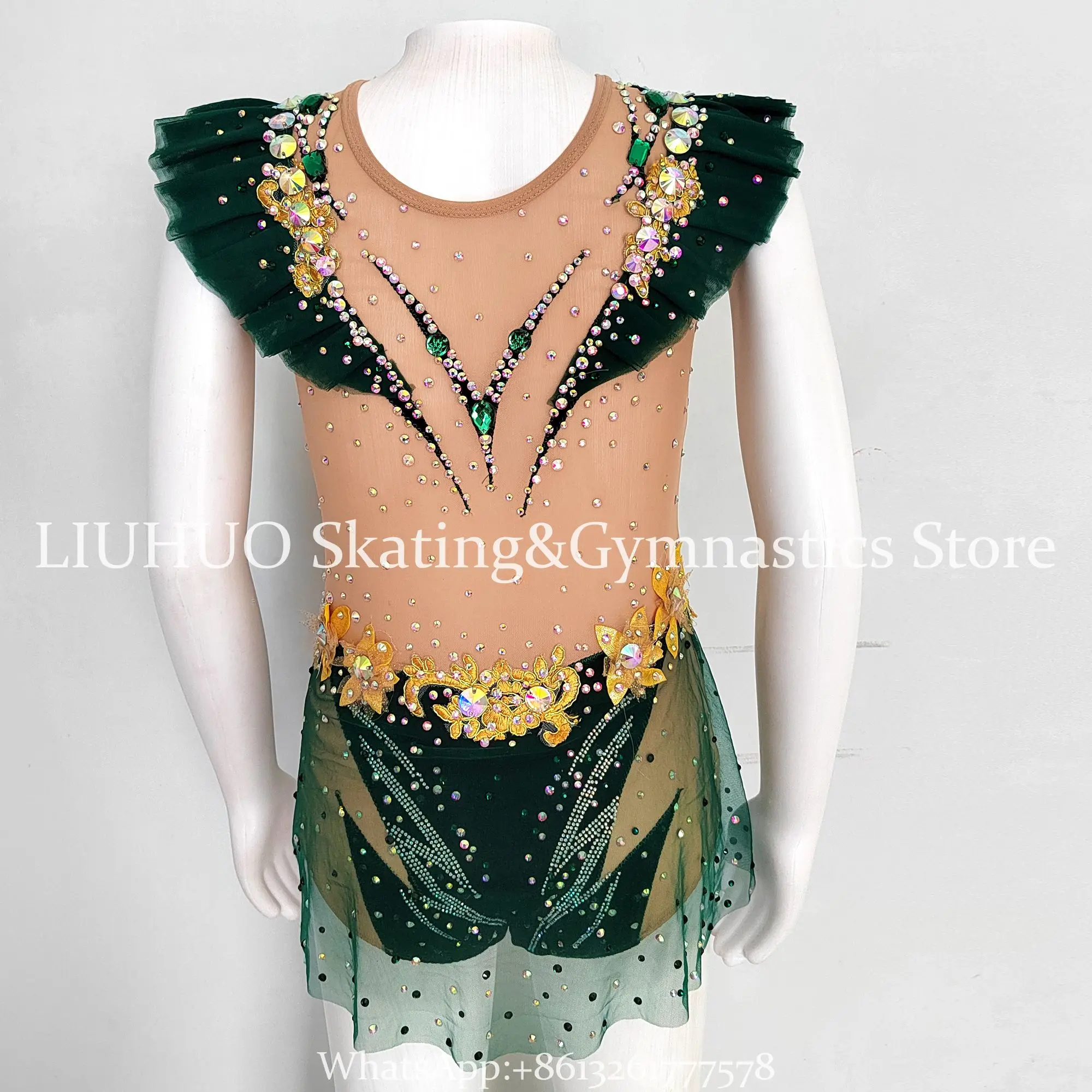 Rhythmic Gymnastics Leotards Girls' Women Green Ice Figure Skating Dress Handmade Dancewear Competition Dress