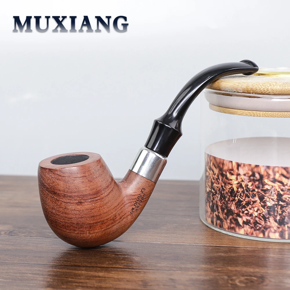 MUXIANG classic tobacco pipe solid wood curved handle pipe with metal fixing ring smoke gift acrylic pipe mouth with clean set