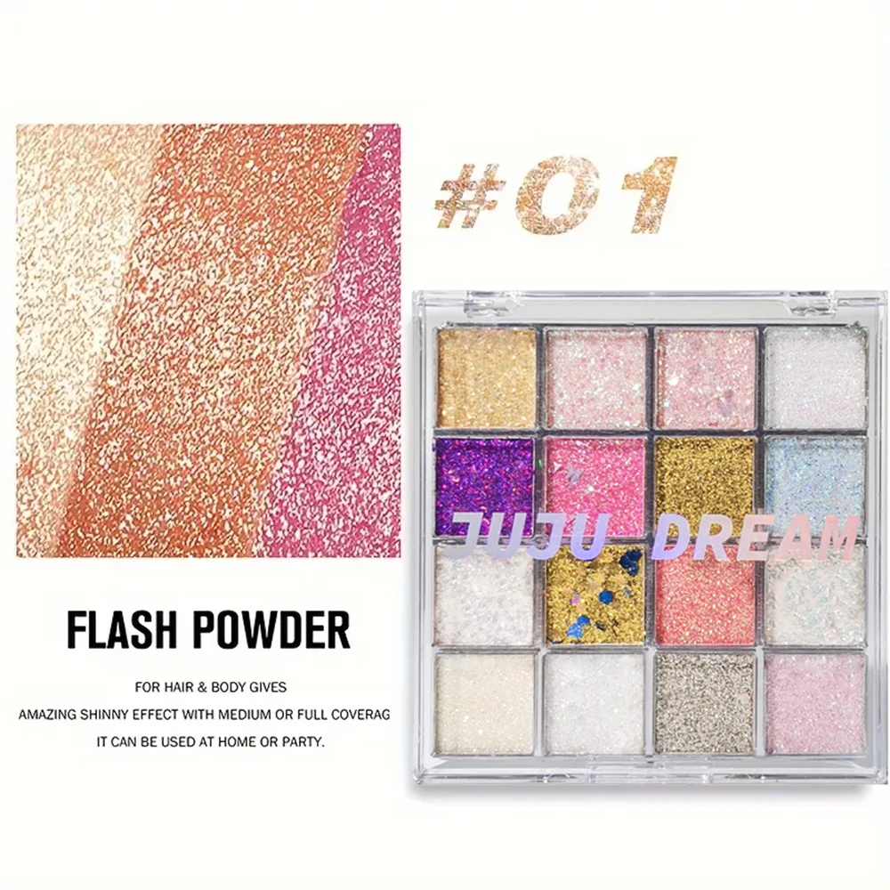 16 色のグリッター アイシャドウ – パンプキン、チェリー、ブルー、パープル シェード、大胆なパーティー ルック、ロングウェア、認定済み、ユニセックス、肌に優しい