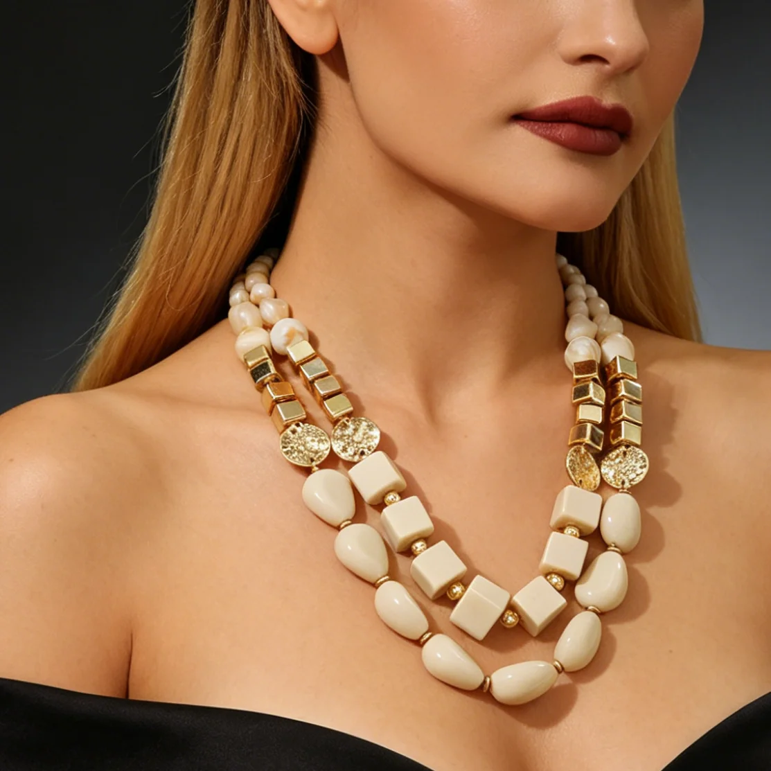 Women's Boho Layered Chunky Acrylic Beaded Necklace Vintage Geometric Square Hammered Disc Y2K Statement Collar Jewelry Gift