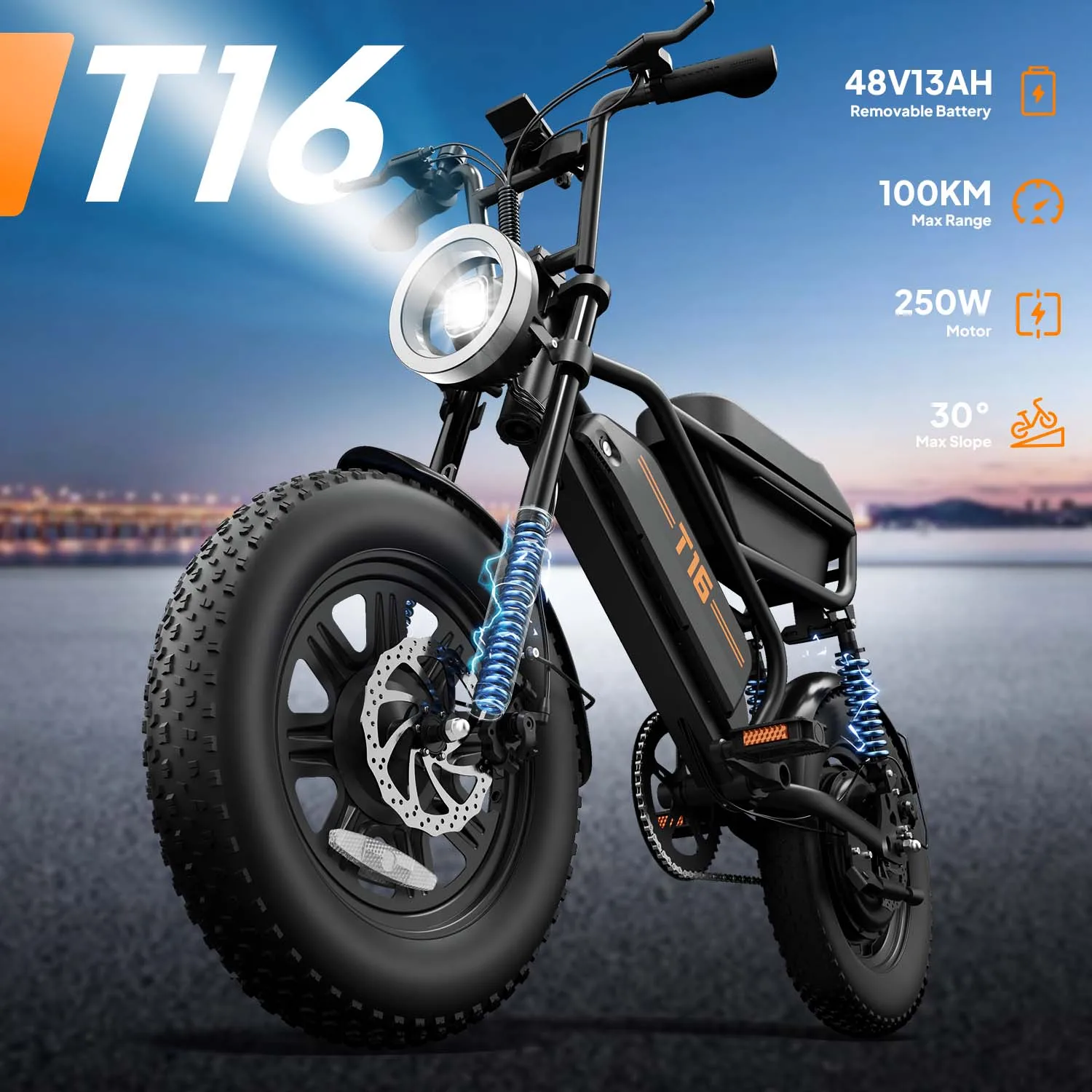 Urlife T16 16x3 Inch Fat Tire E-Bike 48V Battery Dual Suspension Portable For Commuting & Trunk Storage Commuter Electric Mountain Bike