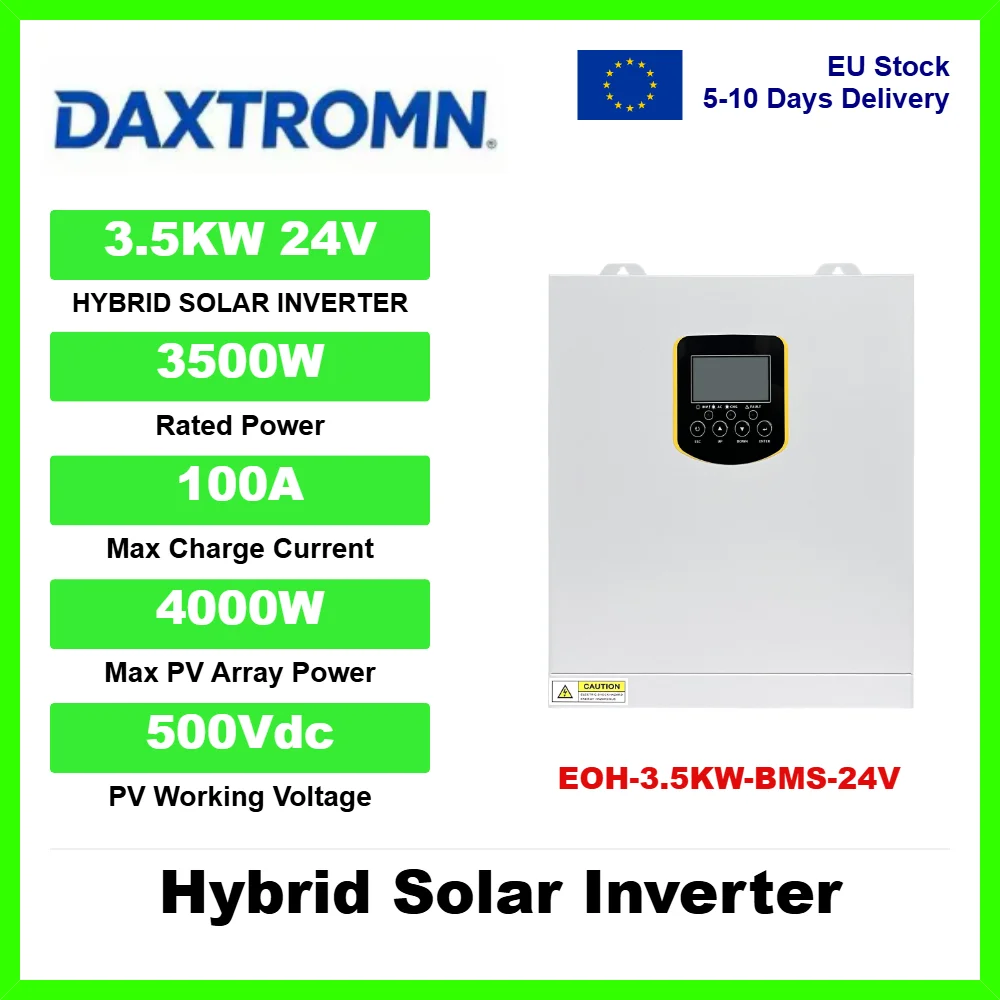 Inverter solare ibrido Daxtromn da 3,5 kW, 24 V CC, 230 V CA, a onda sinusoidale pura, per sistemi solari domestici e batterie al litio, con regolatore di carica solare MPPT integrato.