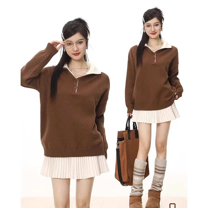 

Autumn Winter Lapel Sweaters Women Casual Thicken Soft Knitted Pullovers Female Solid Color Loose Long Sleeve Jumper Top