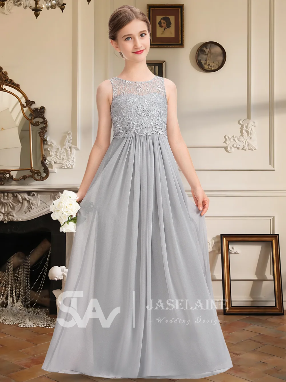 エレガントなジュニアブライズメイドドレス レース ボディス スクープ シフォン フロアレングス Aライン フラワーガールドレス ガールズ フォーマル ウェディングパーティー