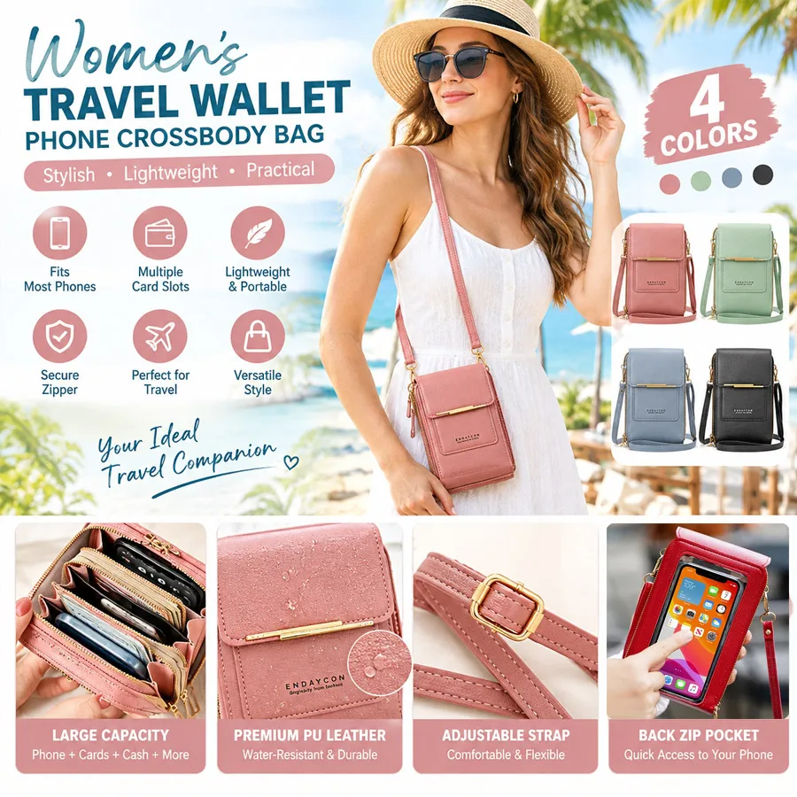 Women's Touch Screen Travel Phone Wallet, Large Capacity Vertical Mini Crossbody Bag Multi Card Slot 4 Colors