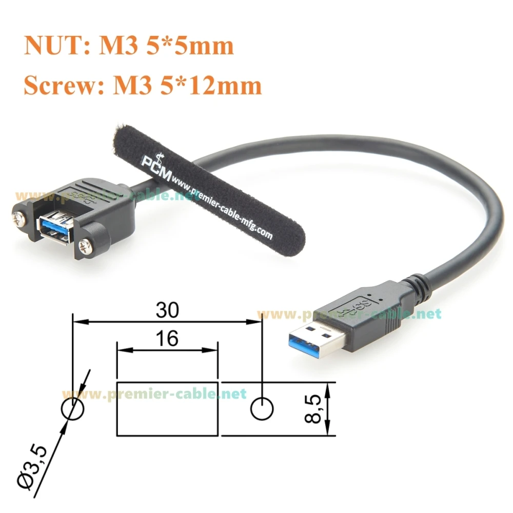 Screw Panel Mount USB 3.0 Extension Cable 5Gbps Type A Male to Female Charging & Data Cable for Control Cabinet Scanner Printer