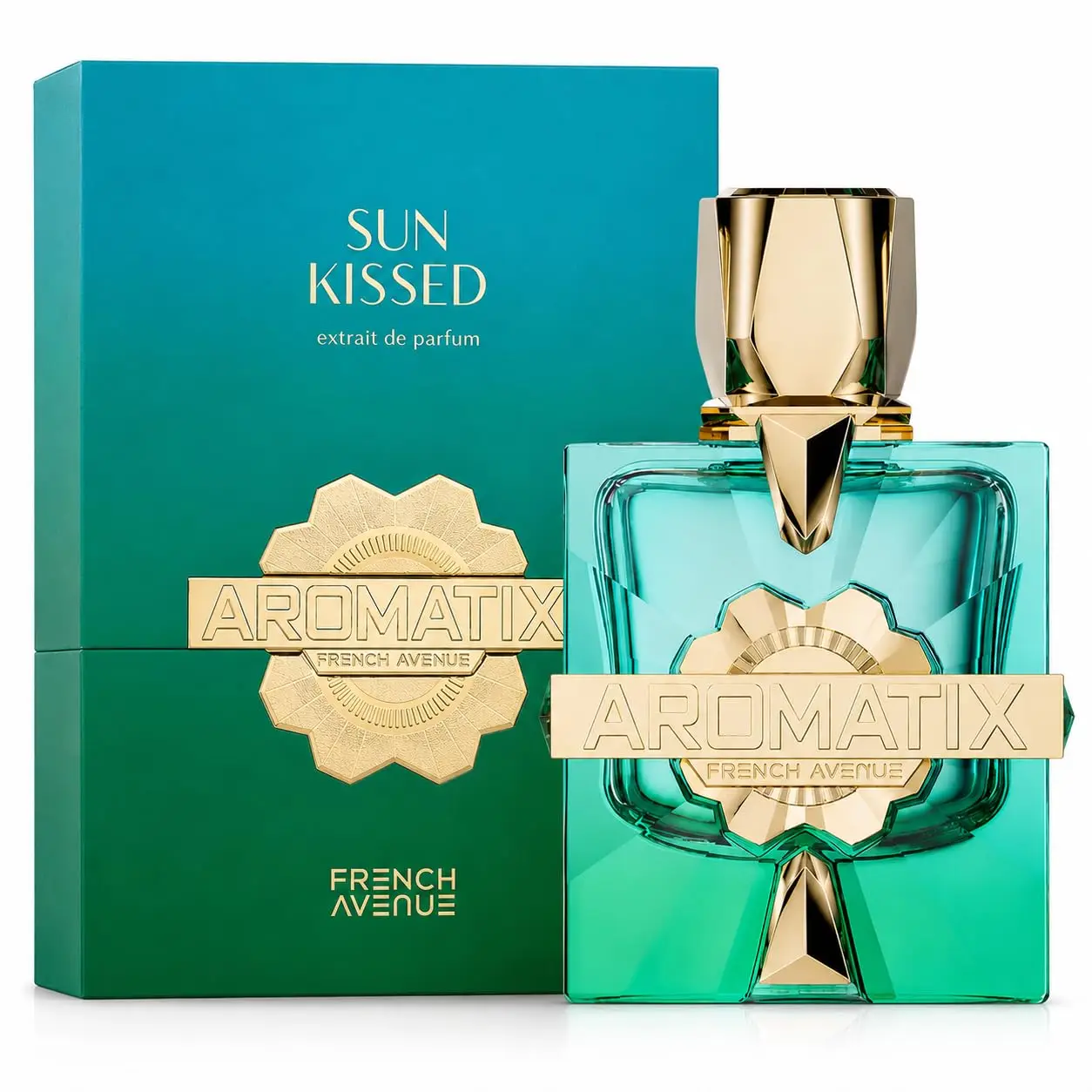 French Avenue Aromatix Sun Kissed Eau De Parfum, Fragancia Unisex Amaderada y Aromática, 3.4 fl oz, con Notas de Pomelo, Té y Madera de Cedro, Botella de Vidrio Turquesa con Detalles Dorados