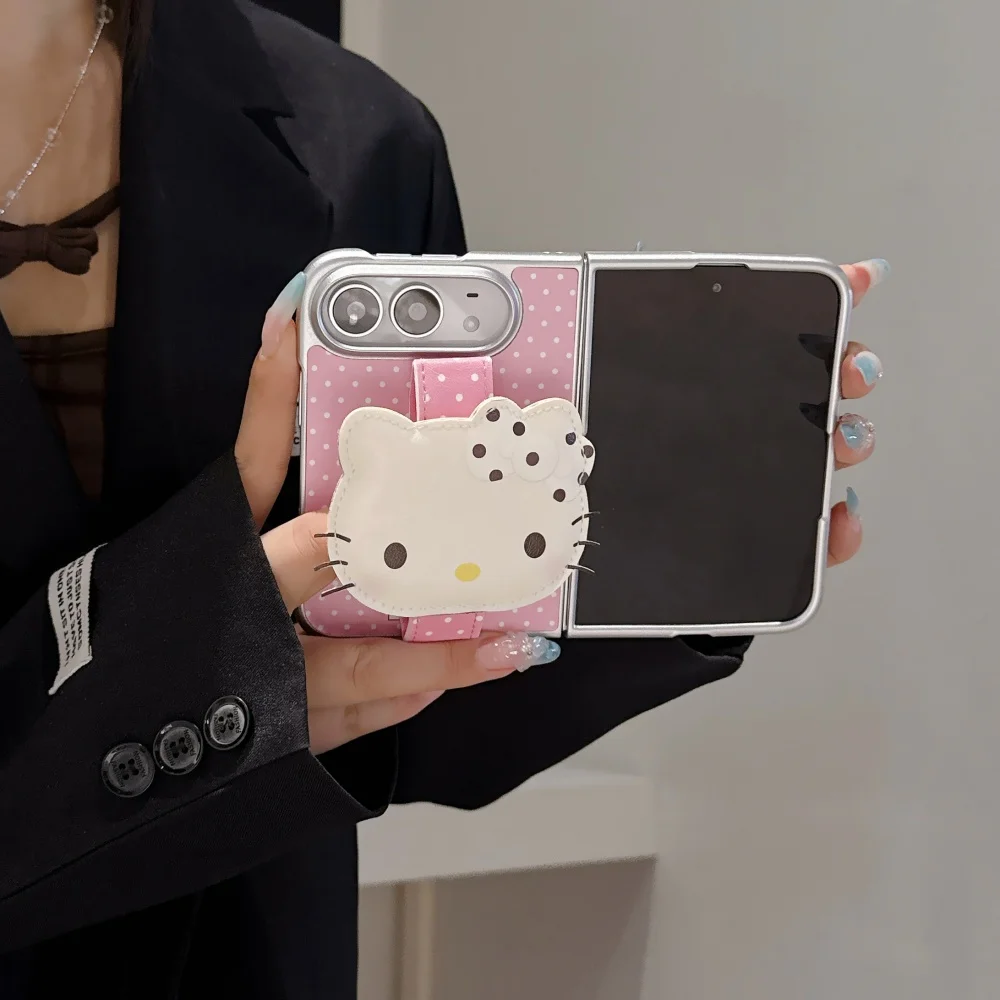 Kawaii Cartoon Cat Leather Wristband Phone Case for iPhone Duo Cover, Fashion Polka Dot Folding Anti-Fall Protective Cases, Cute