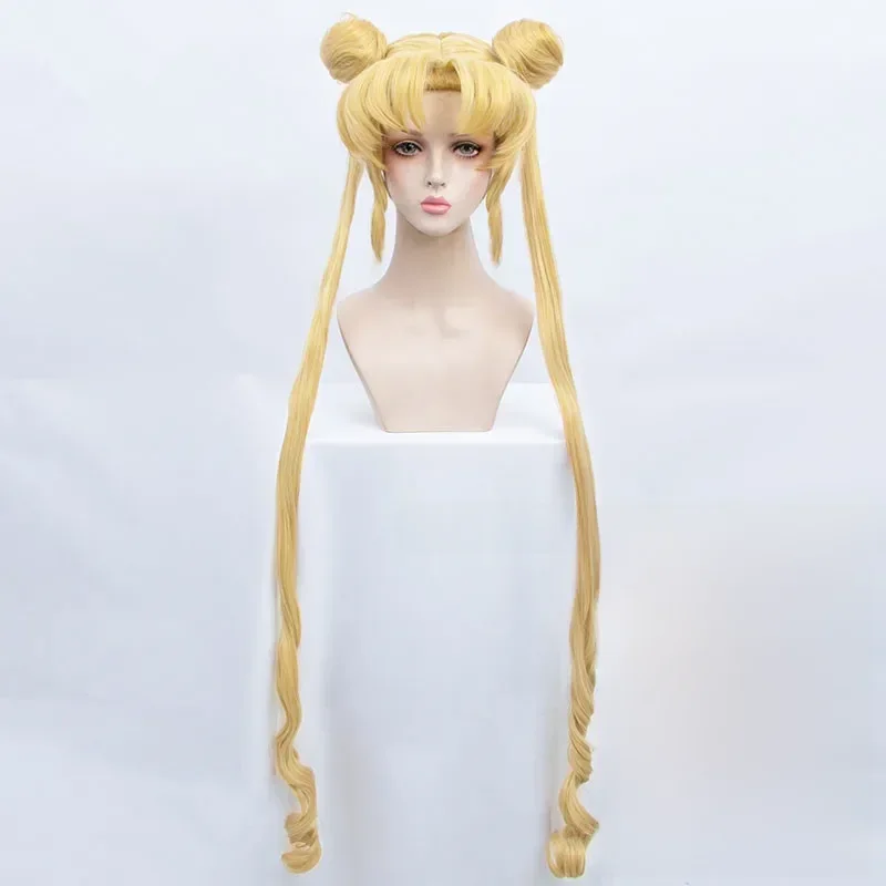 Klasyczna japońska Anime Sailor Moon peruka do cosplay Usagi Tsukino do odgrywania ról długa peruka w złotym kolorze z kostiumem 2 bułek — zdjęcie 2