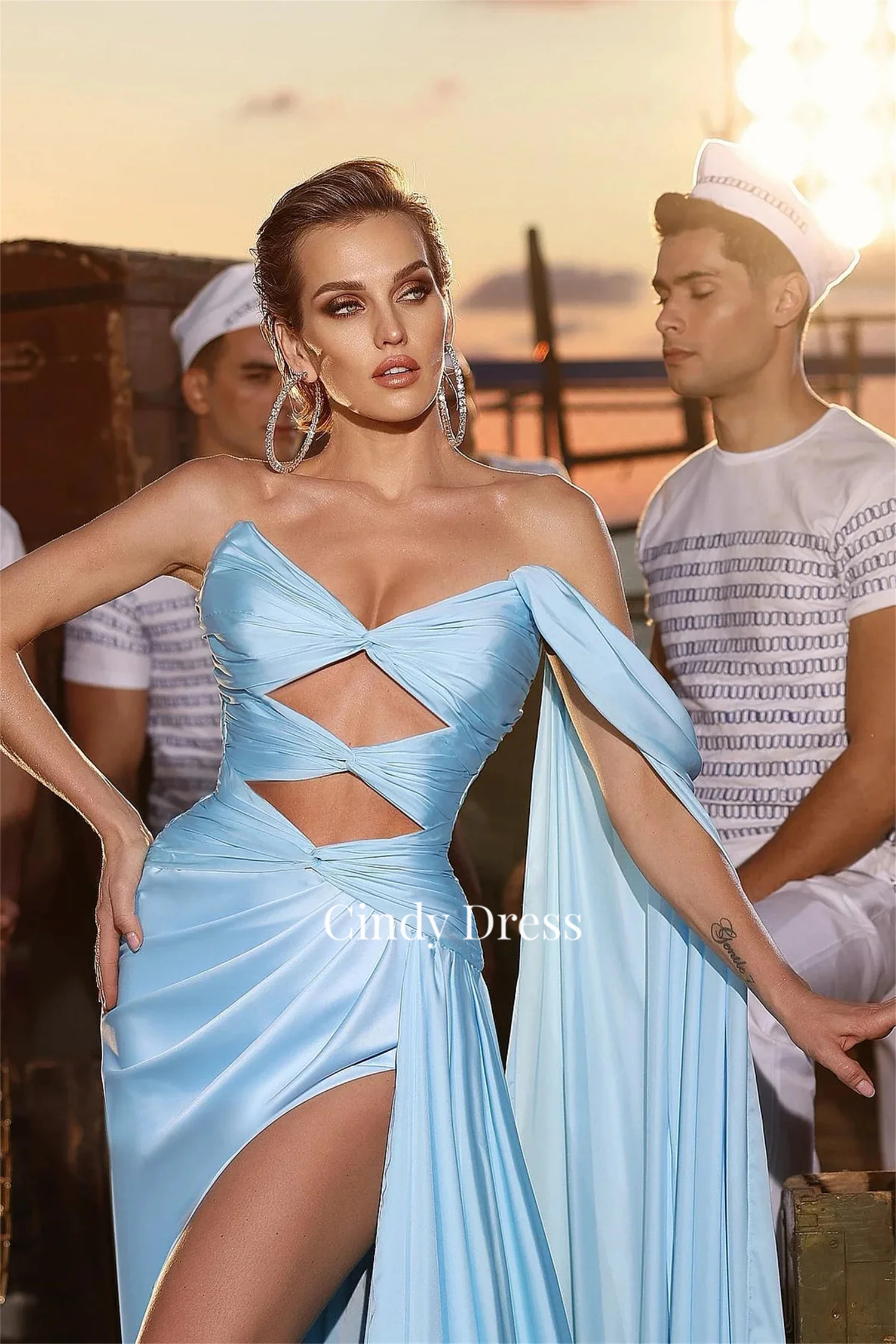 Cindy Blue Satin Sexy Mermaid Cross Long Tail Evening Gown Womens Dresses Elegant Party Women Luxury Saudi Dress Graduation Gala