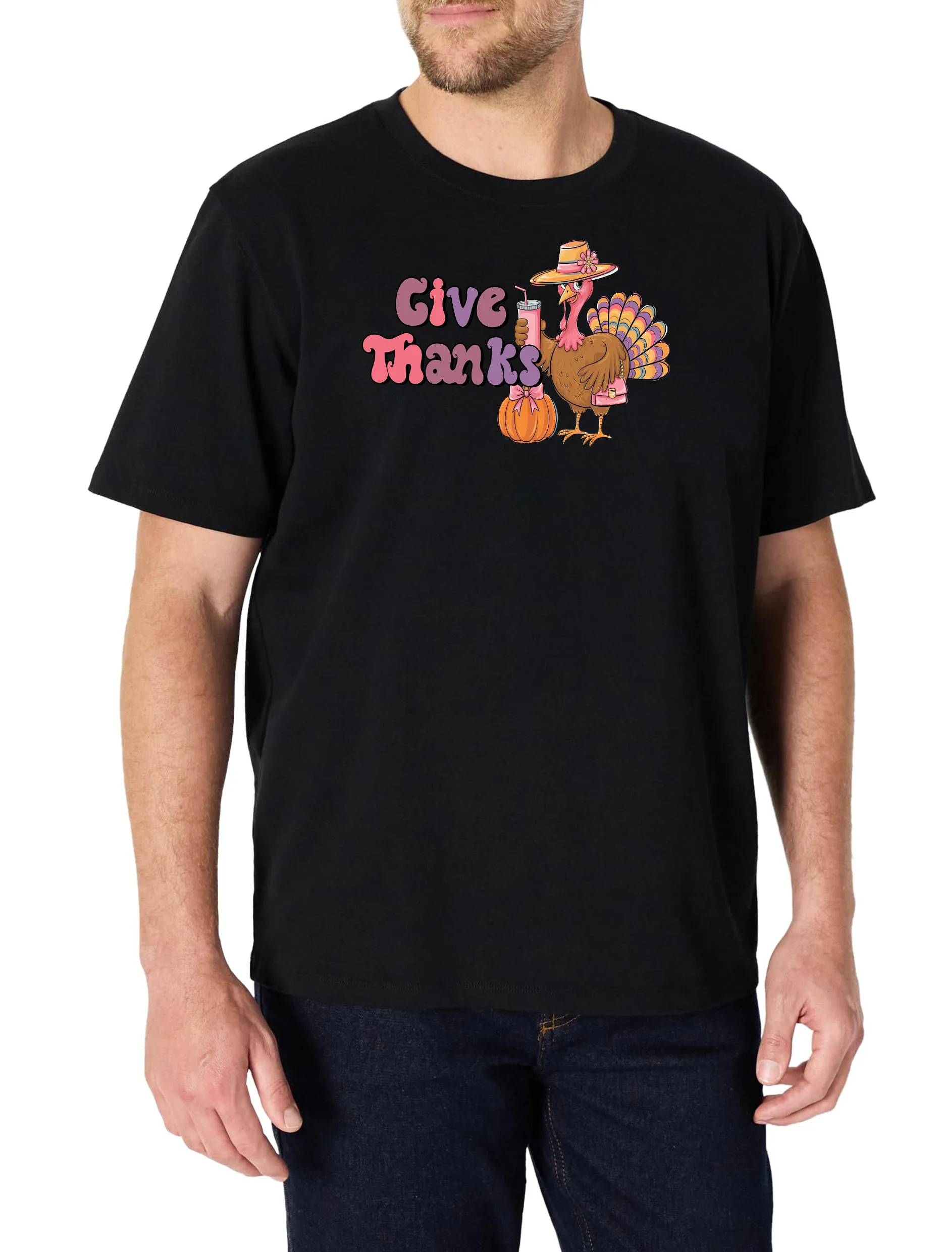 تي شيرت رجالي بتصميم مطبوع عليه Thanks، أسود بأكمام قصيرة ورقبة دائرية، 100% قطن