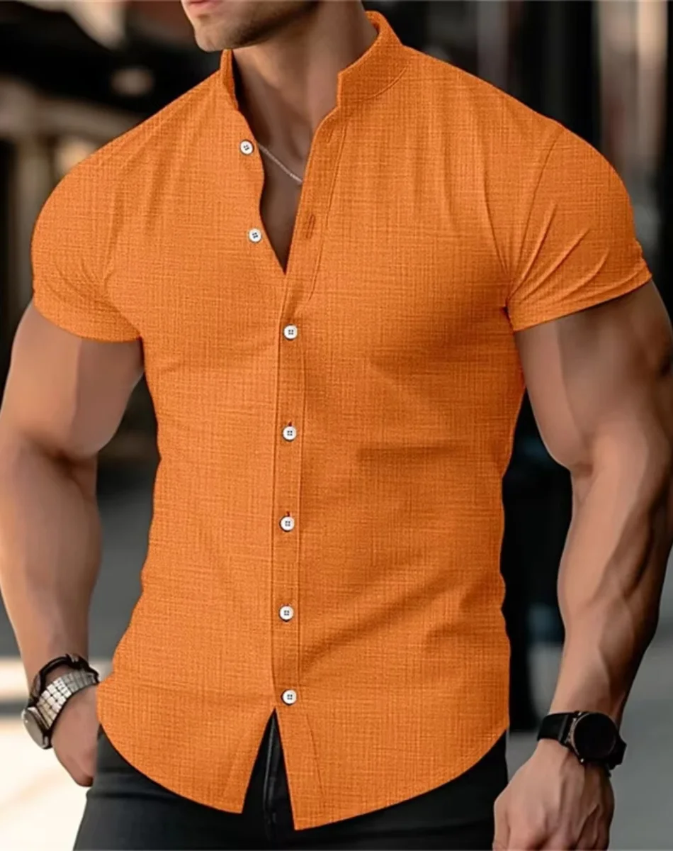 Летние мужские рубашки из хлопка и льна Повседневные рубашки с коротким рукавом Однотонные рубашки с лацканами и воротником-стойкой Формальные пляжные рубашки мужские Clo