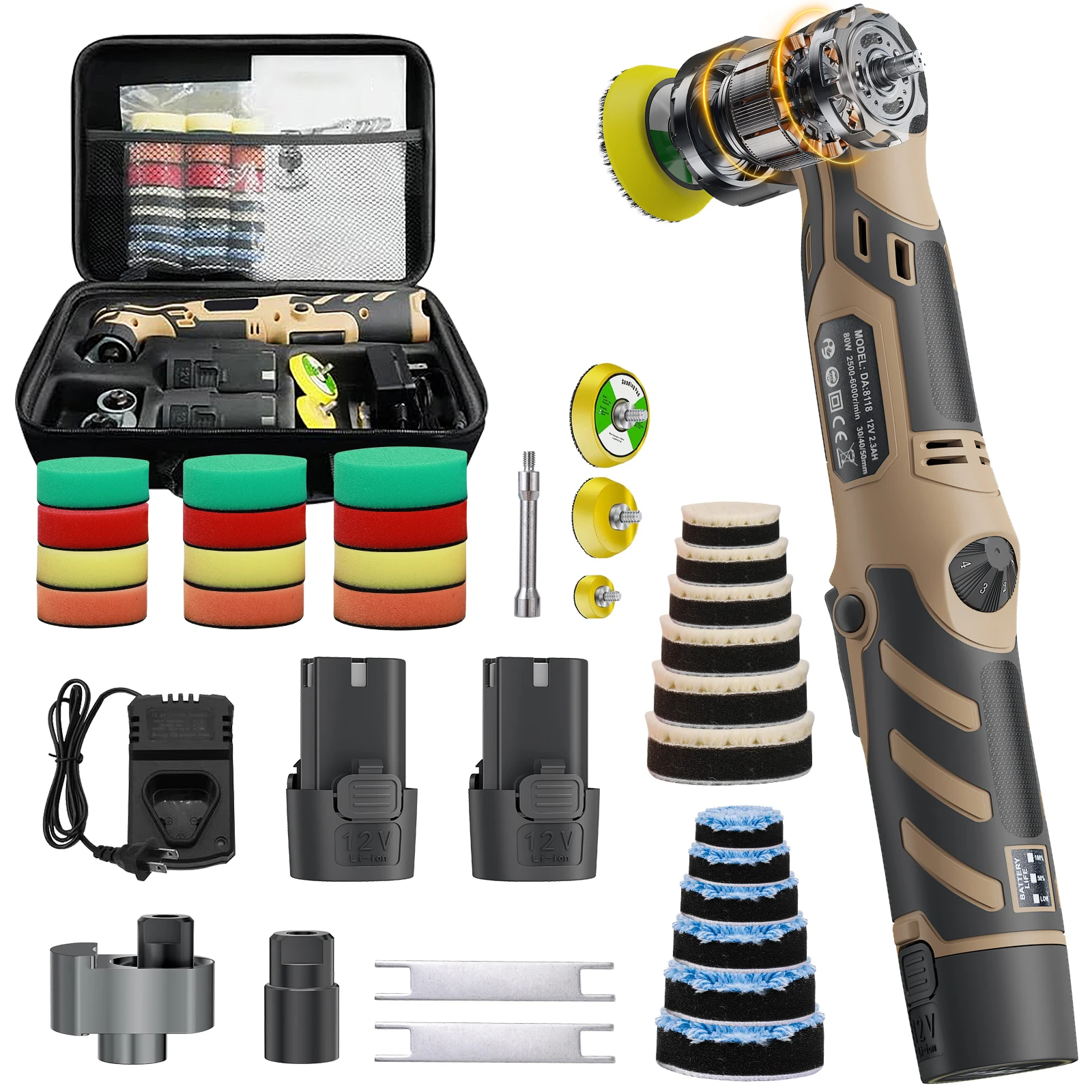 12-V-Akku-Mini-Poliergerät für Autos, 1/1,5/2-Zoll-Polierpads, einstellbare Geschwindigkeiten zum Polieren von Autos und Möbeln sowie zum Entfernen von Kratzern.