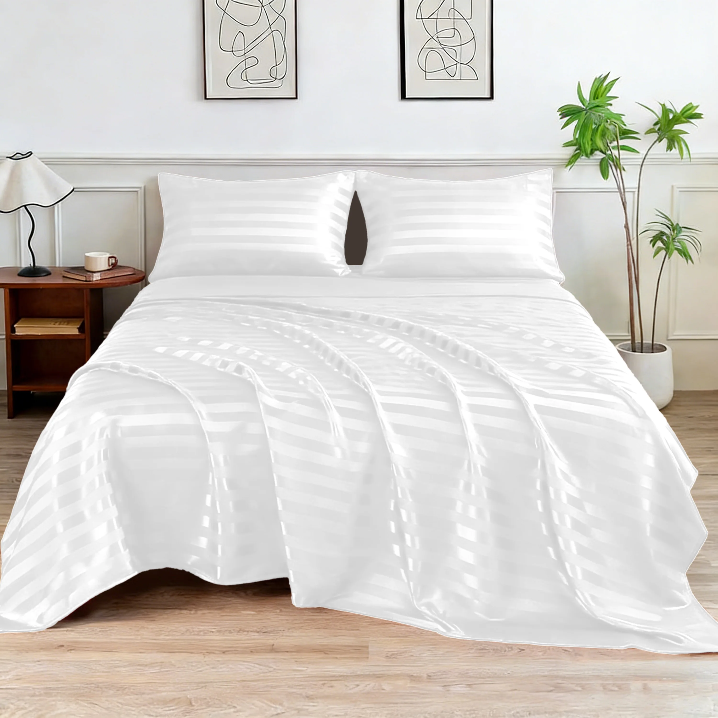 Cooling Satin 4-Piece Bedding Set, Silky Skin-Friendly Bed Linen with 1 Duvet Cover + 1 Flat Sheet + 2 Pillowcases, Cool Touch Breathable, Wrinkle Resistant & Machine Washable, Perfect for Dorm, Apartment & Back to School