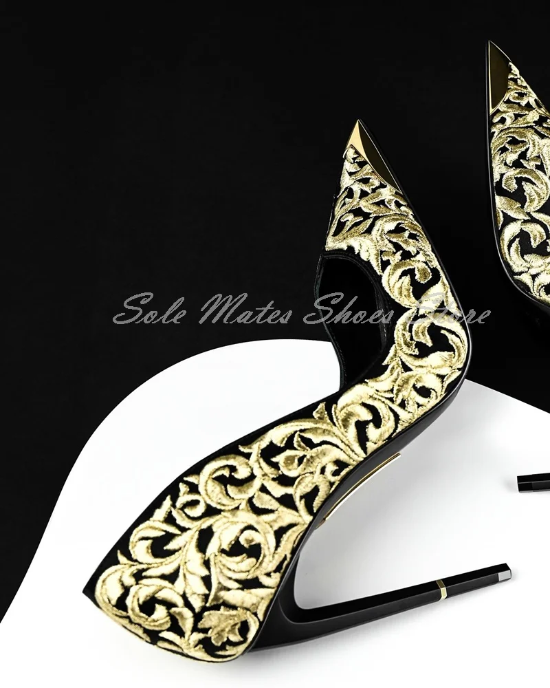 

Luxury Gold Embroidered Dress Shoes Designer Stiletto Pointed Toe Slip On Pumps Handmade Banquet Versatile Women's Wedding Shoes