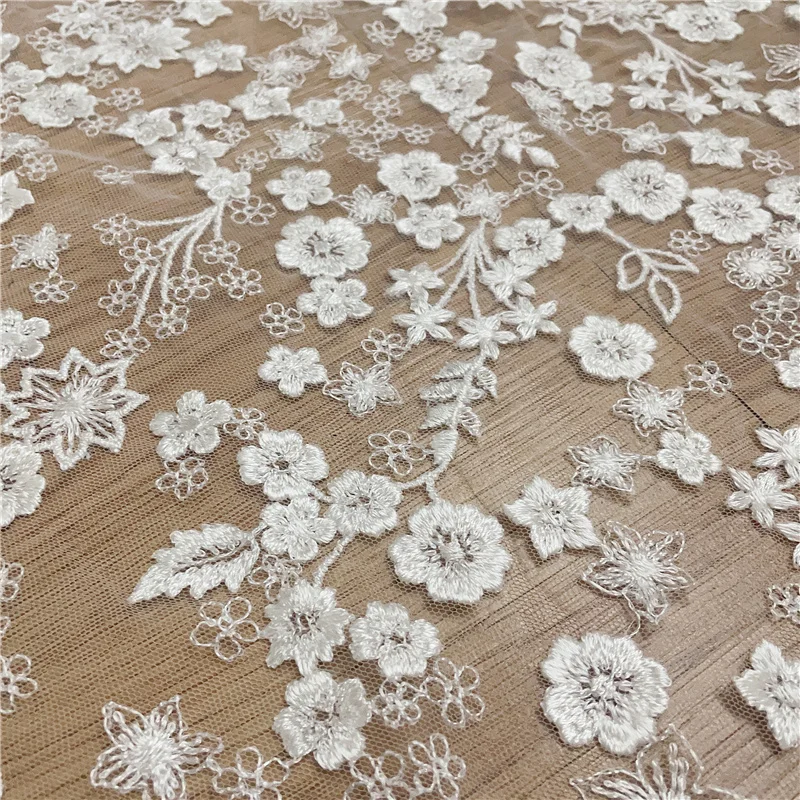 LFY New Style LB292  Floral Off White Mesh Lace Embroidery Fabric Ivory Good Quality Wedding dress fabric 1 Yard