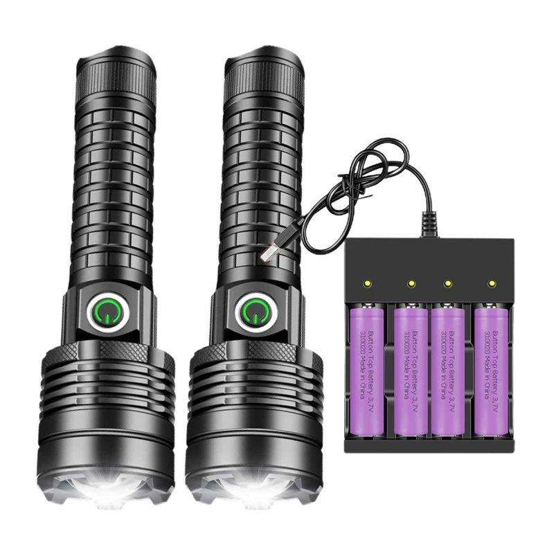 Skyewolfeye LED Tactical Flashlight Set USB Rechargeable Super Bright XHP60 Zoomable Torch Waterproof Lamp for Fishing Caving