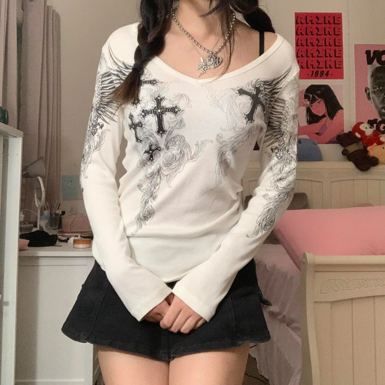 Frauen Drucken Langarm T-shirt Y2k Kreuz Flügel Grafik Vintage Temperament T Ästhetischen Punk Stil Kleidung Frühling Streetwear