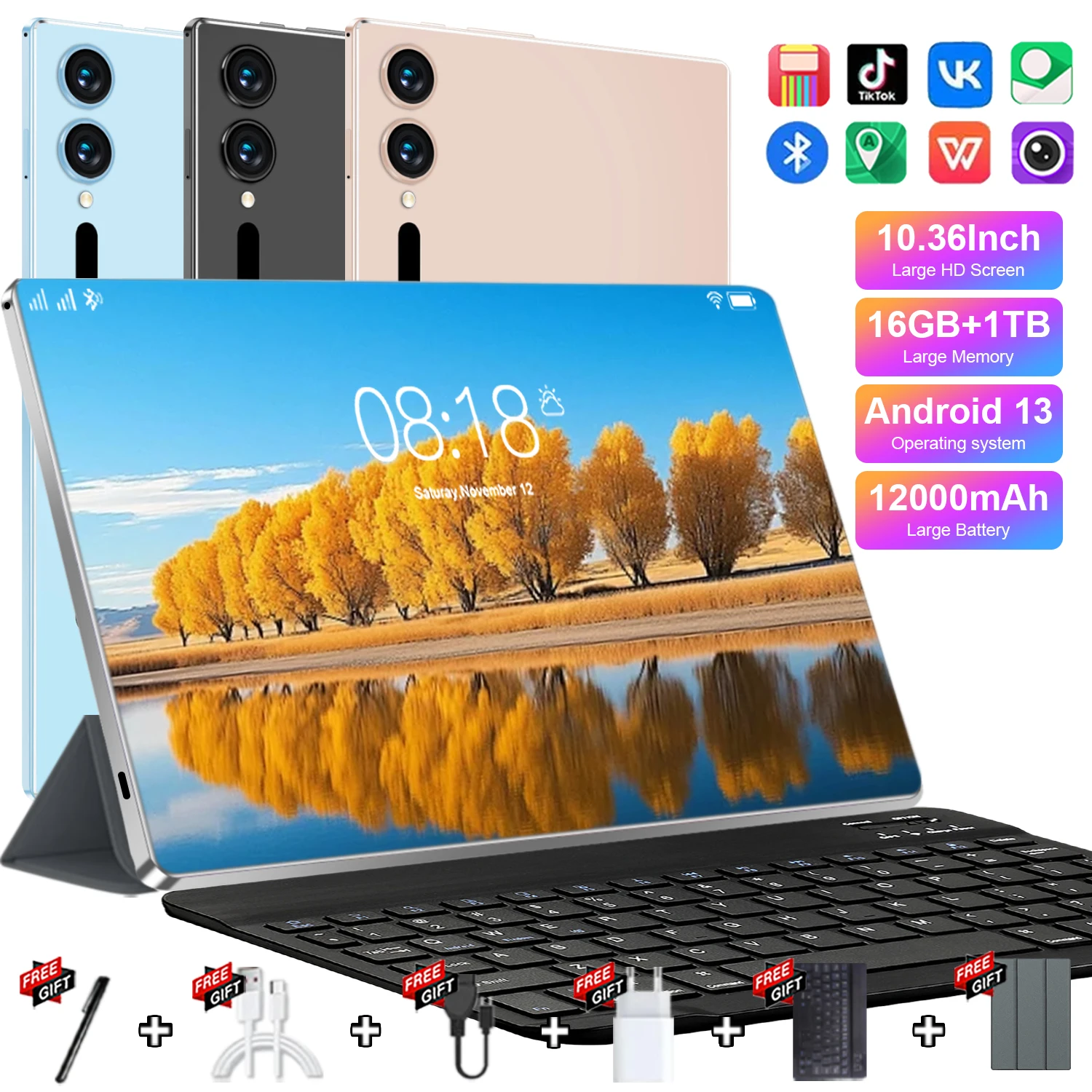 Tablet PC Android de Última Generación 2026 con Procesador de 10 Núcleos, 16 GB de RAM, 1 TB de ROM, WiFi de Doble Banda 5G, Batería Ultragrande de 12000 mAh, Teclado Bluetooth, Auriculares y Lápiz Óptico