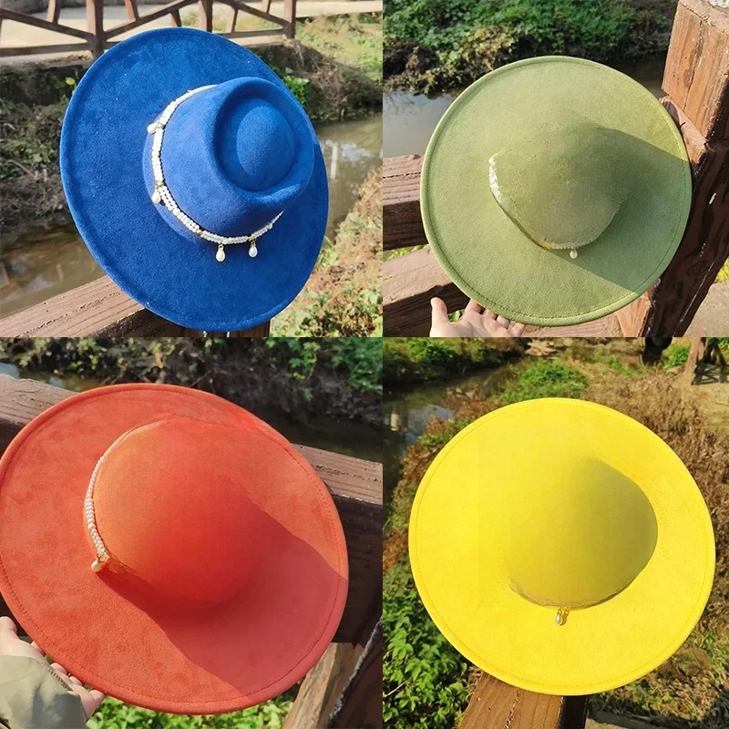 9.5 CM z dużym rondem Retro nubukowy skórzany kapelusz Fedora dla kobiet z pereł czapka z płaskim wierzchem jesienno-zimowym szerokim rondem luksusowy brytyjski — zdjęcie 2
