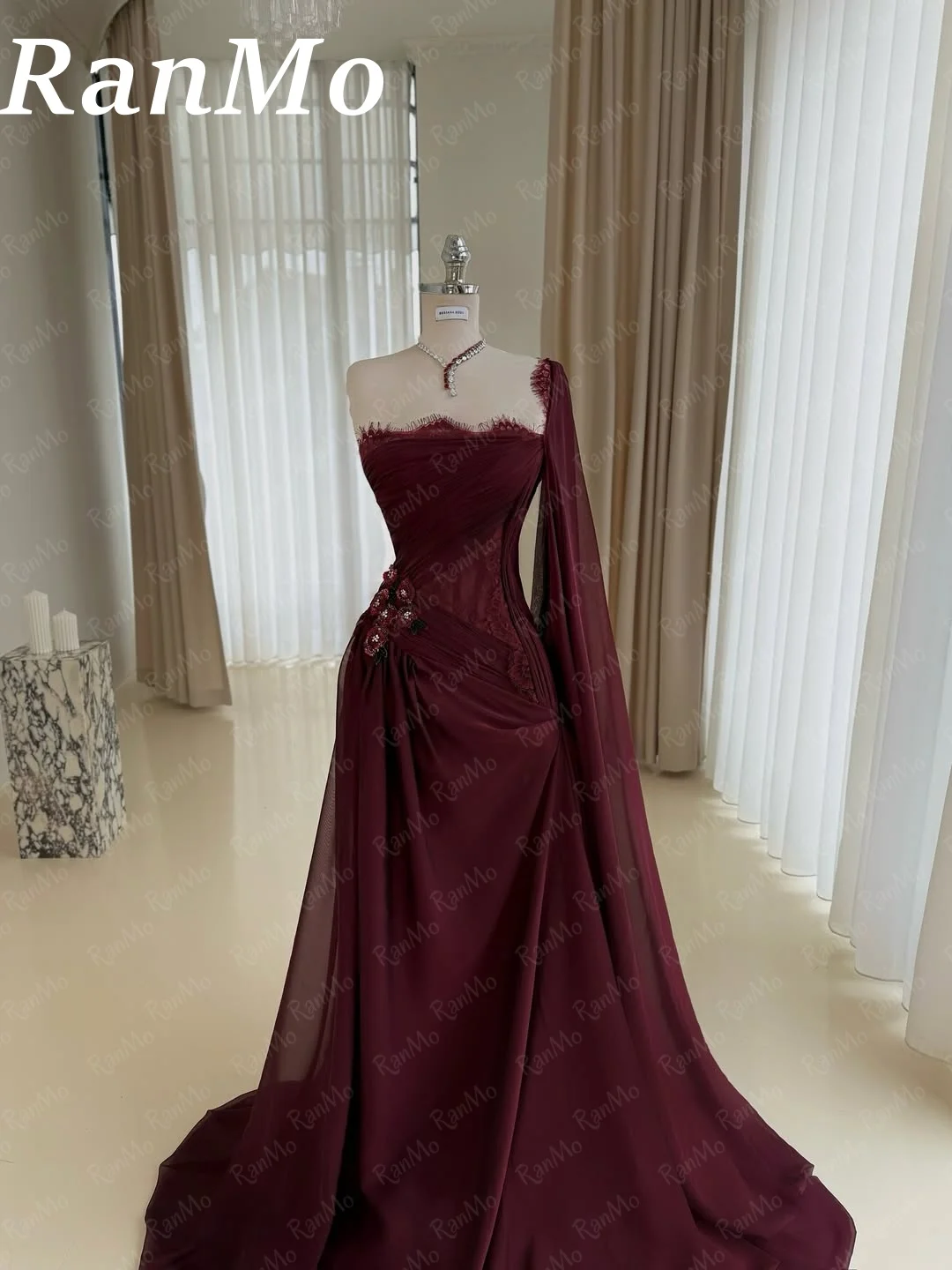 Ranmo Elegant Burgundy Strapless A-line Prom Dress Floor-Length vestidos de noche Sleeveless Elegant Tail Evening Dresses 2025