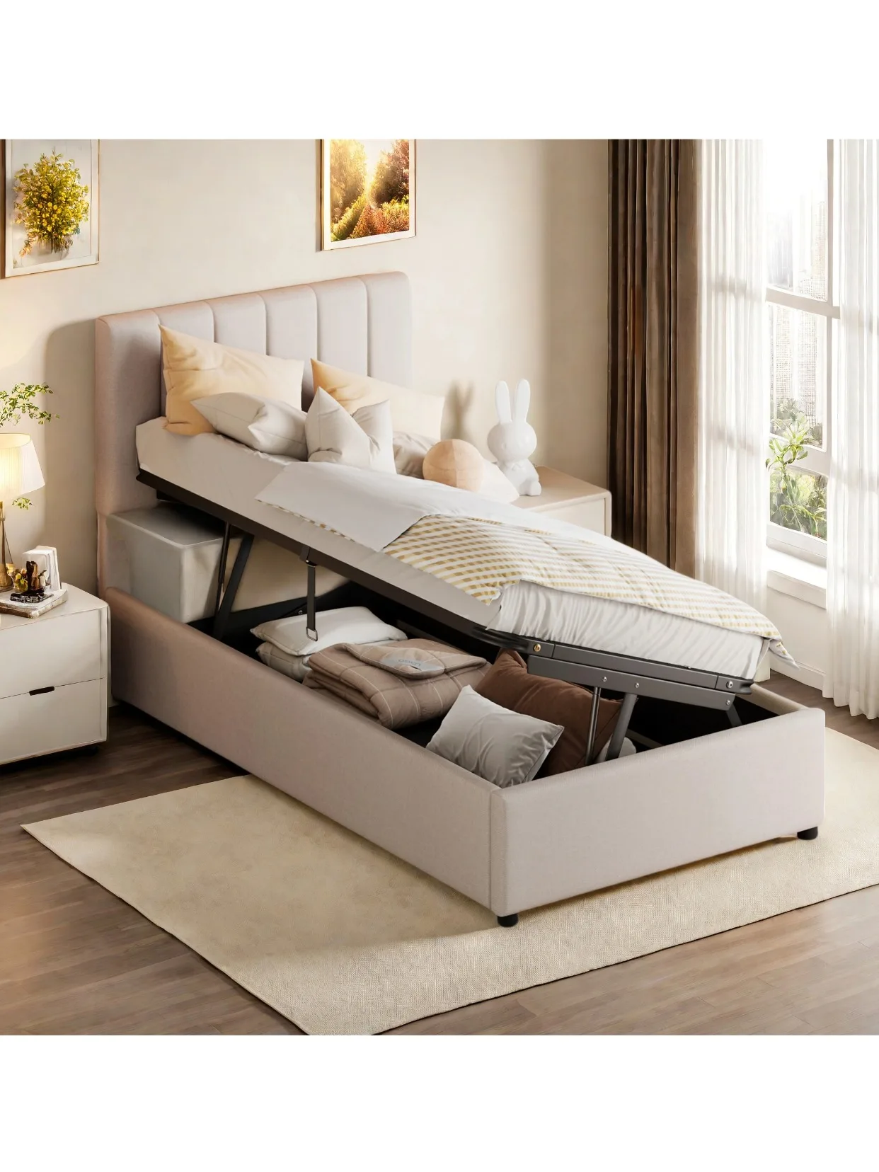 Anajqaqia, 90 x 200 cm großes Einzelbett, hydraulisches Bett, Bett mit Stauraum, Kinderbett, gepolstertes Bett für kleine Teenagerzimmer, Bett mit Stauraum, Leinen, Beige, Matratze nicht im