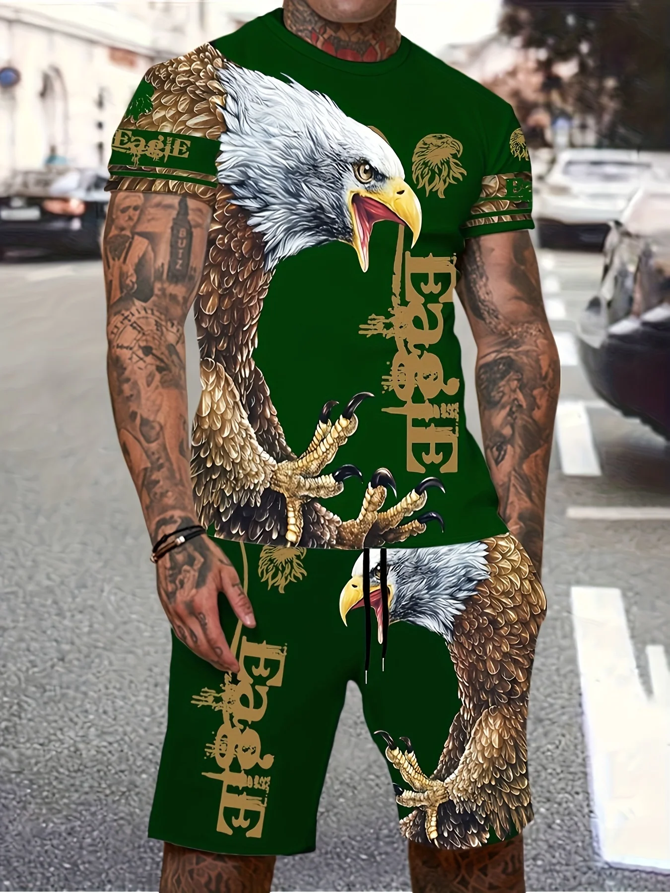 Eagle Print Short Sleeve Shorts 2 Piece Tracksuit Set Men's Casual Crew Neck Short Sleeve T-Shirt and Stylish Shorts Summer