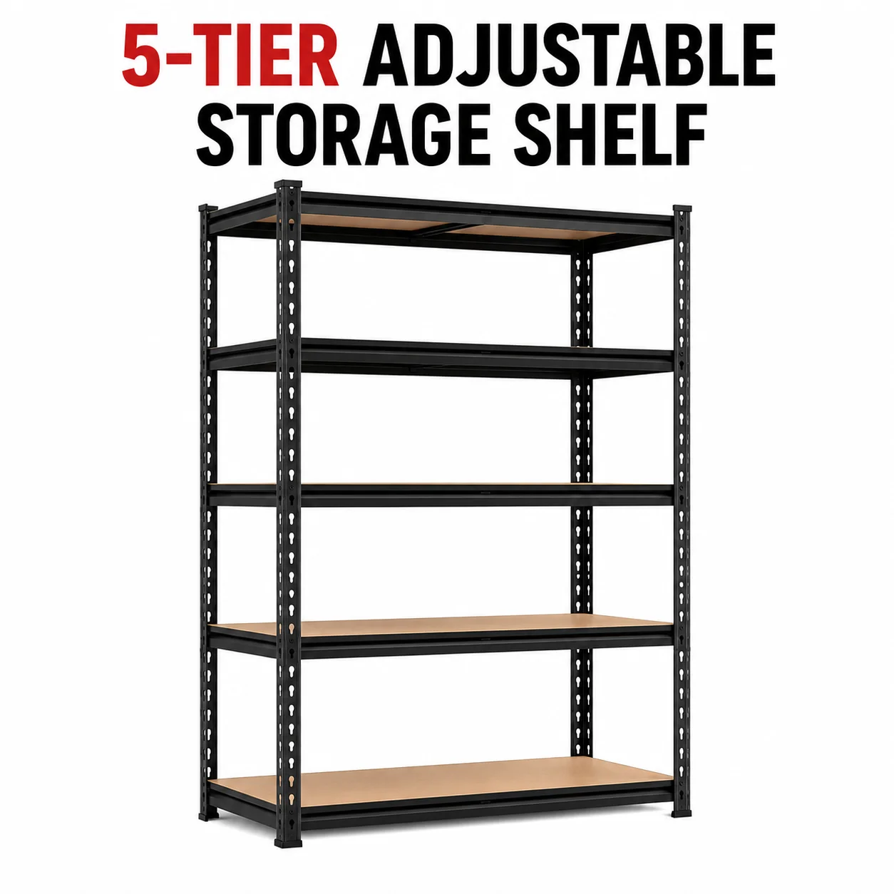 

5-Tier Garage Storage Shelving Unit, Black Metal Rack with MDF Shelves, Adjustable Utility Storage Shelf for Garage Basement Pantry, 27.6"W x 11.8"D x 59.8"H