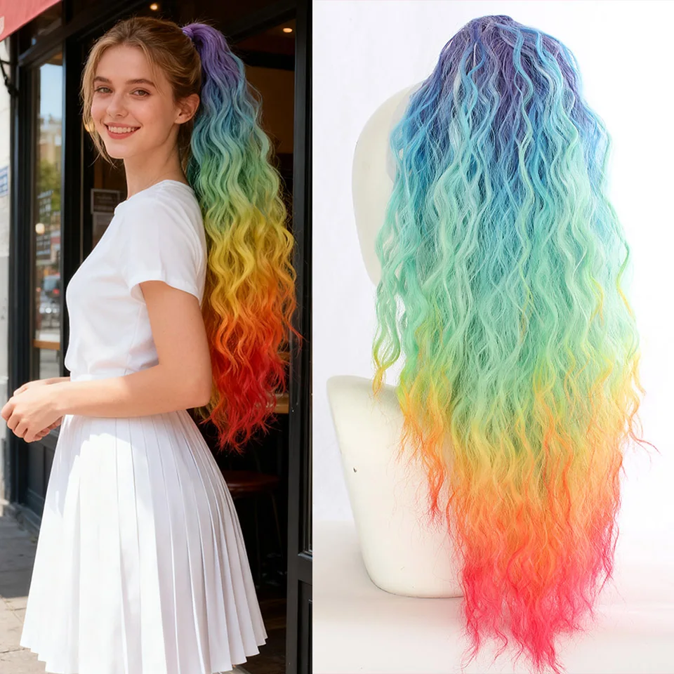 

24Inch Synthetic Long Kinky Curly Ponytail Hair Extension 150grams Rainbow Color Claw in Clip in Hair Black Hairpiece for Women