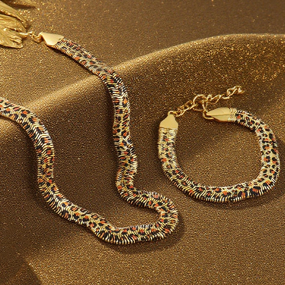 

High Quality Stainless Steel Necklace Bracelet Dubai Fashion Exaggerated Snake Print Gold Plated Jewelry Set Gift Party Ball Set