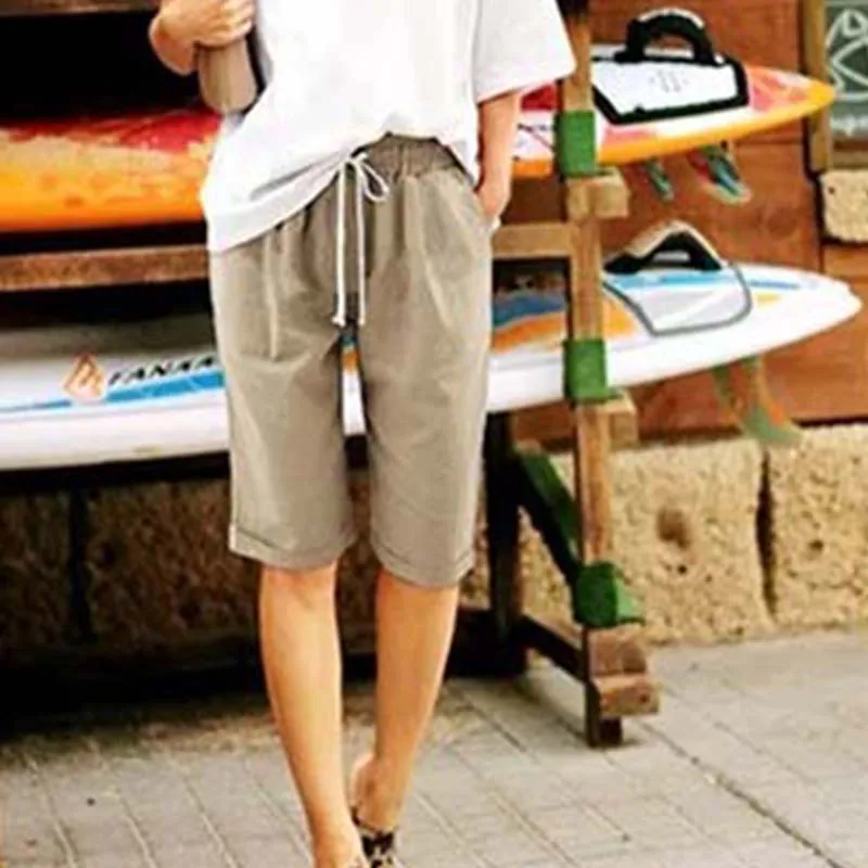 Women Cotton Shorts Casual Solid Thin Pocket Pants Sports Stretchy Straight Leg Breathable Pant Beach Vacation Female Clothing