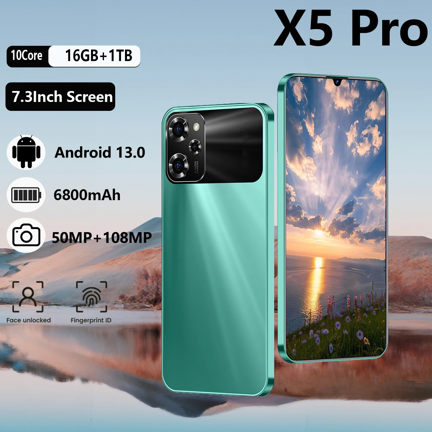 Brand New Smartphone X5 Pro 7.3inch HD 16G+1T Global Version Mobile Phone 108MP Camera 6800mAh Battery New HOT Phone