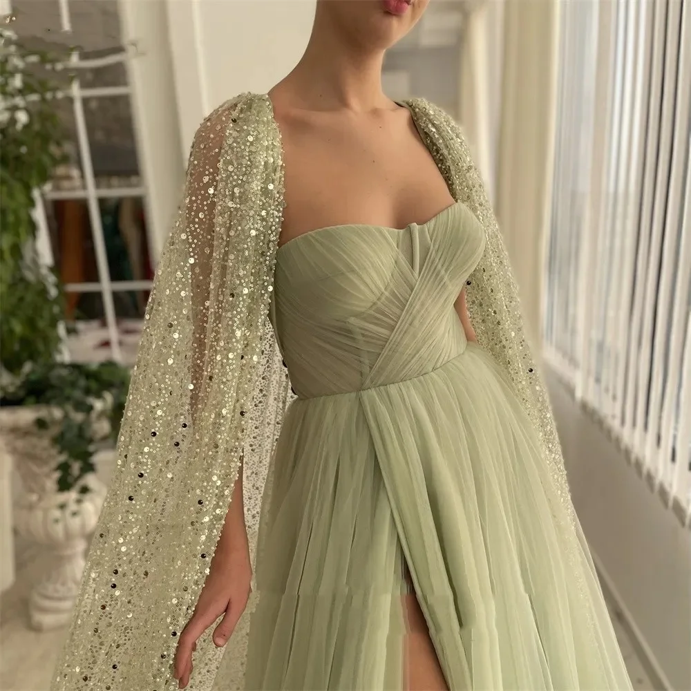 A Line Detachable Sequin Cape Tulle Prom Dresses Sweetheart High side Slit Maxi Evening Gowns Formal Party Vestido De Graduaci