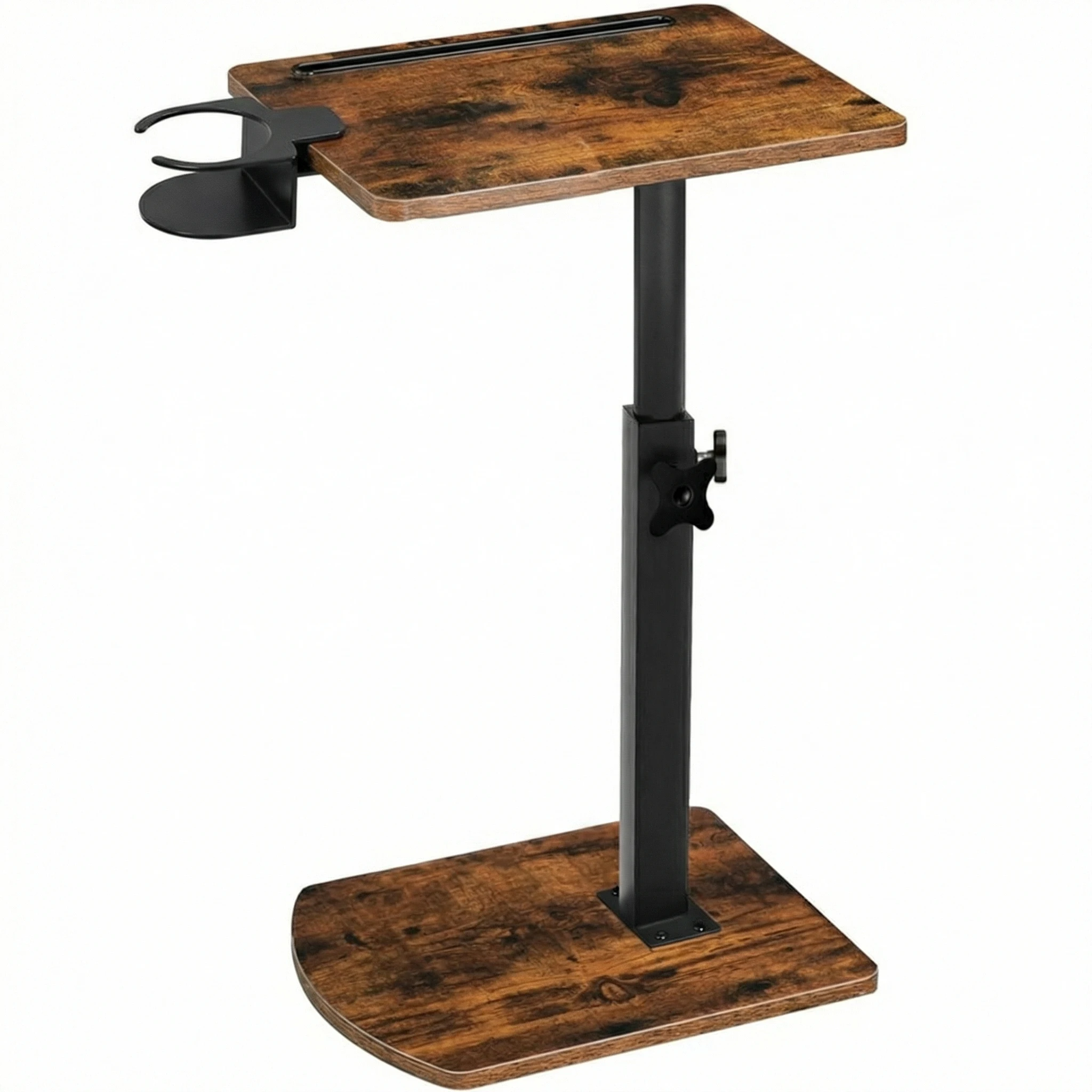 Vintage Brown C-Shaped Side Table,Height-Adjustable 360° Rotating Sofa Desk with Cup Holder & Tablet Slot for Small Space