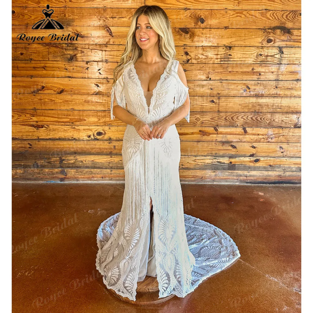 Plunging Deep V Neck Lace Tassel Mermaid Hippie Fringed Wedding Dress for Women 2025 Customized Bridal Gown vestidos boda civil